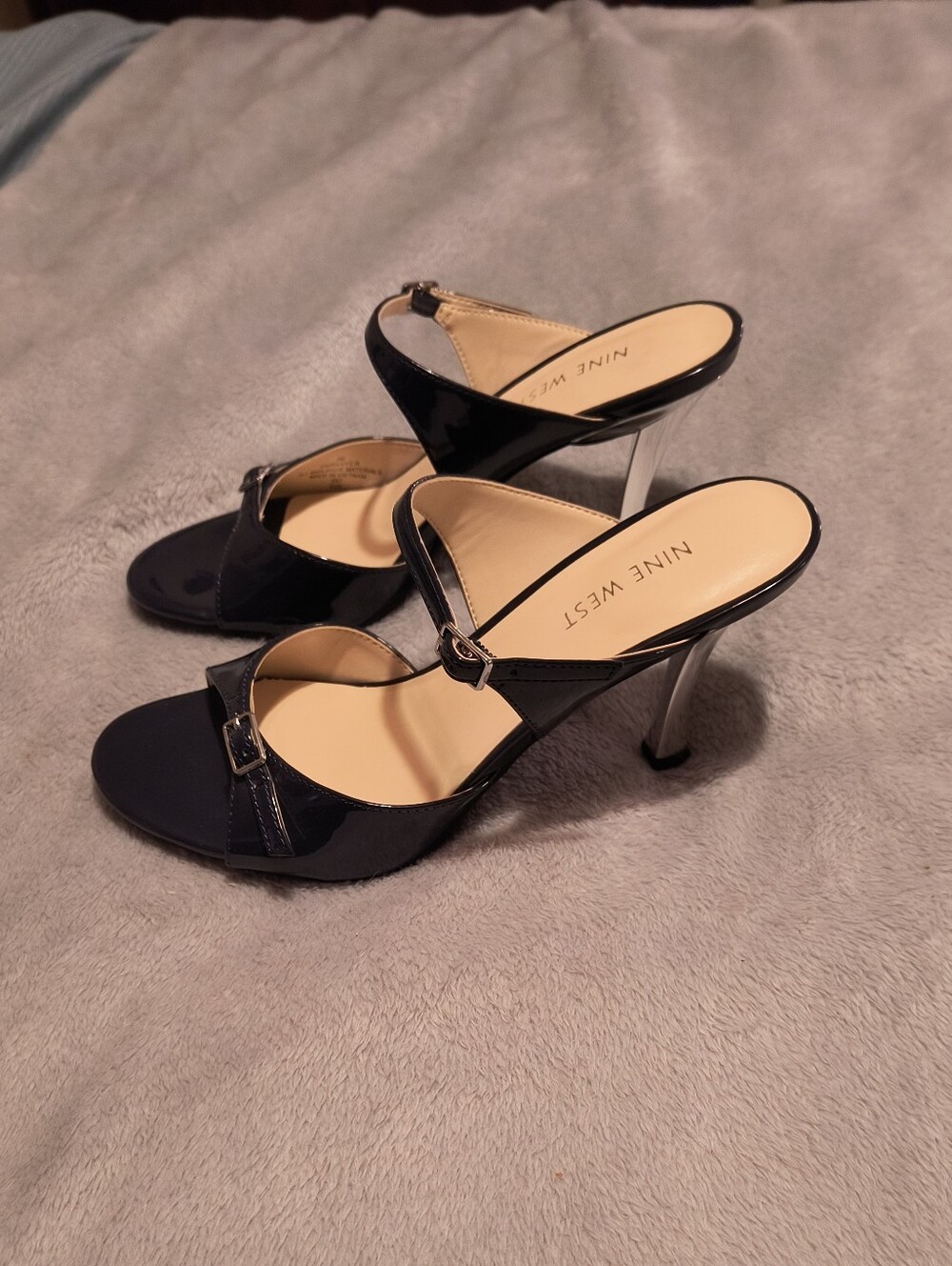 Blue patent leather dress shoes with silver heels size 7